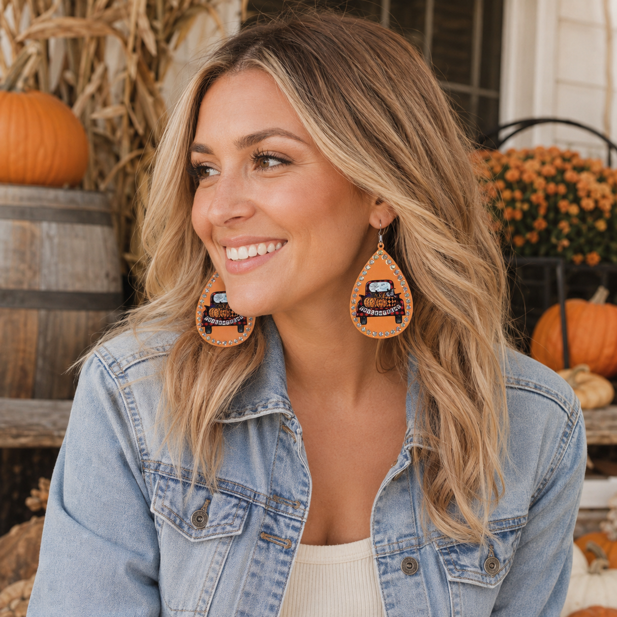 Blonde woman styling orange Halloween truck earrings with denim and fall pumpkins