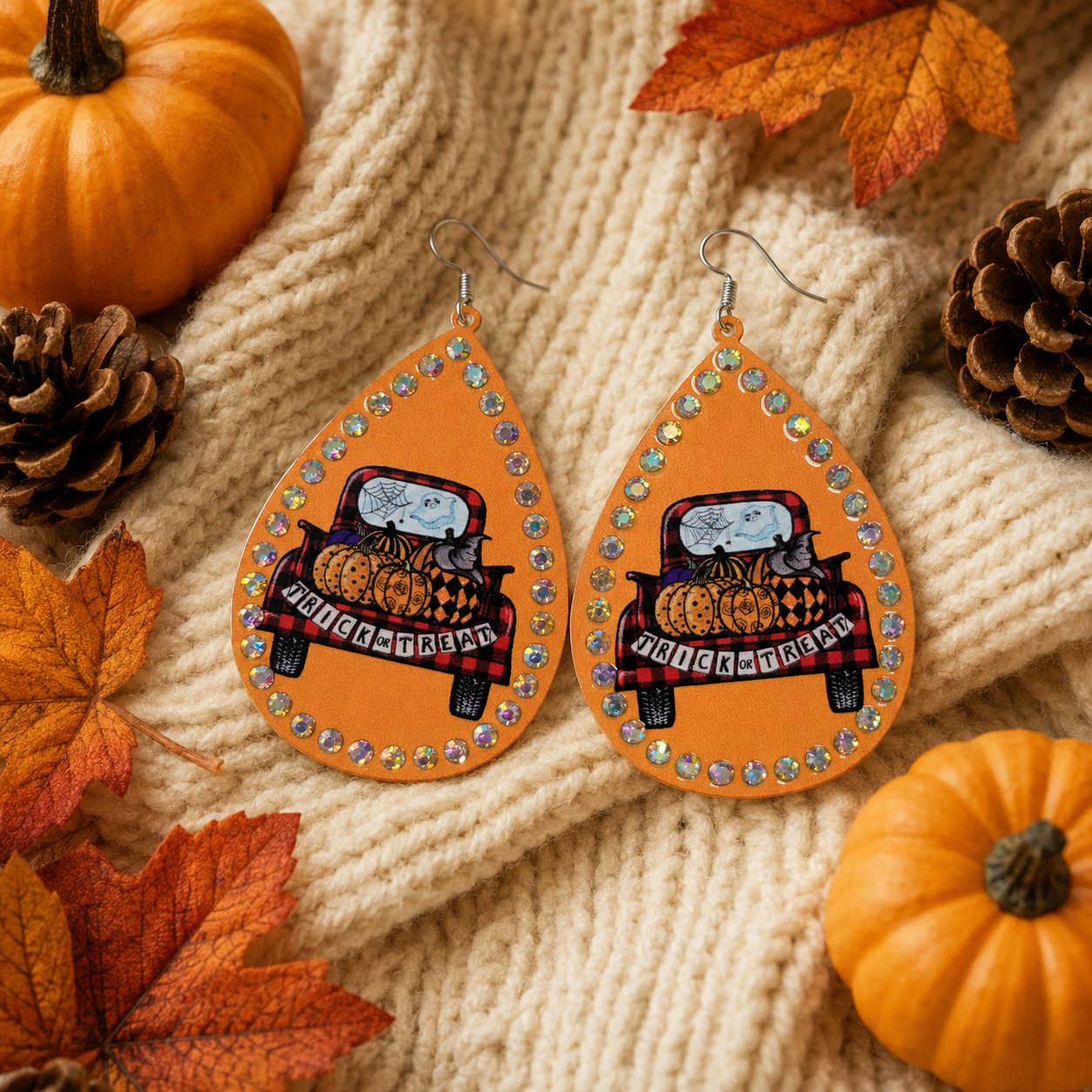 Orange Halloween truck teardrop earrings styled with cream knit, pumpkins, pinecones and autumn leaves