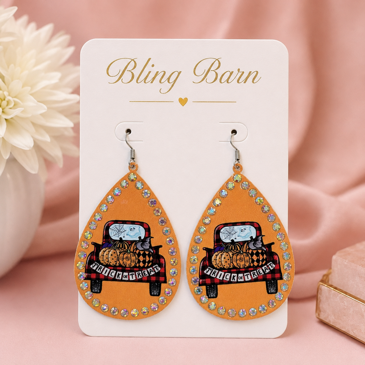 Trick or Treat Truck Teardrop Earrings displayed on Bling Barn jewelry card
