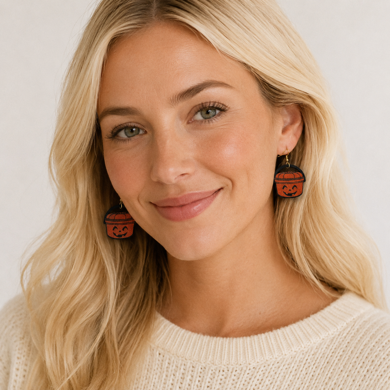 Emma wearing orange jack-o’-lantern pumpkin pail earrings at a fall pumpkin patch.
