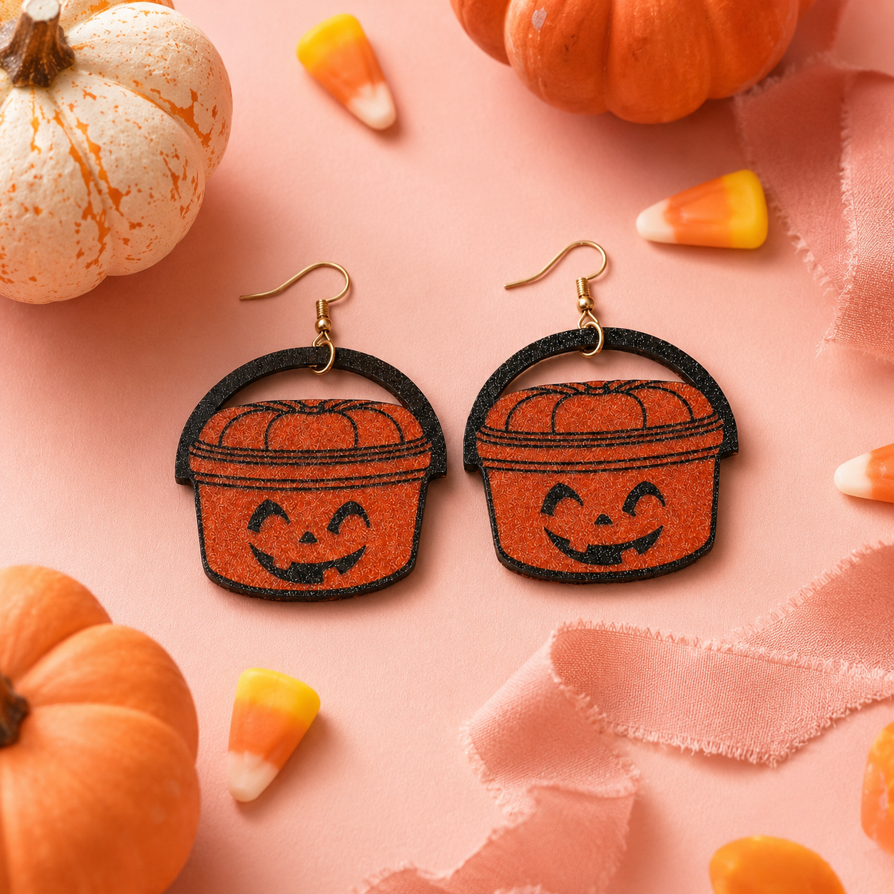 Close-up detail of orange pumpkin pail Halloween dangle earrings showing black accents, textured finish and gold-tone hardware.