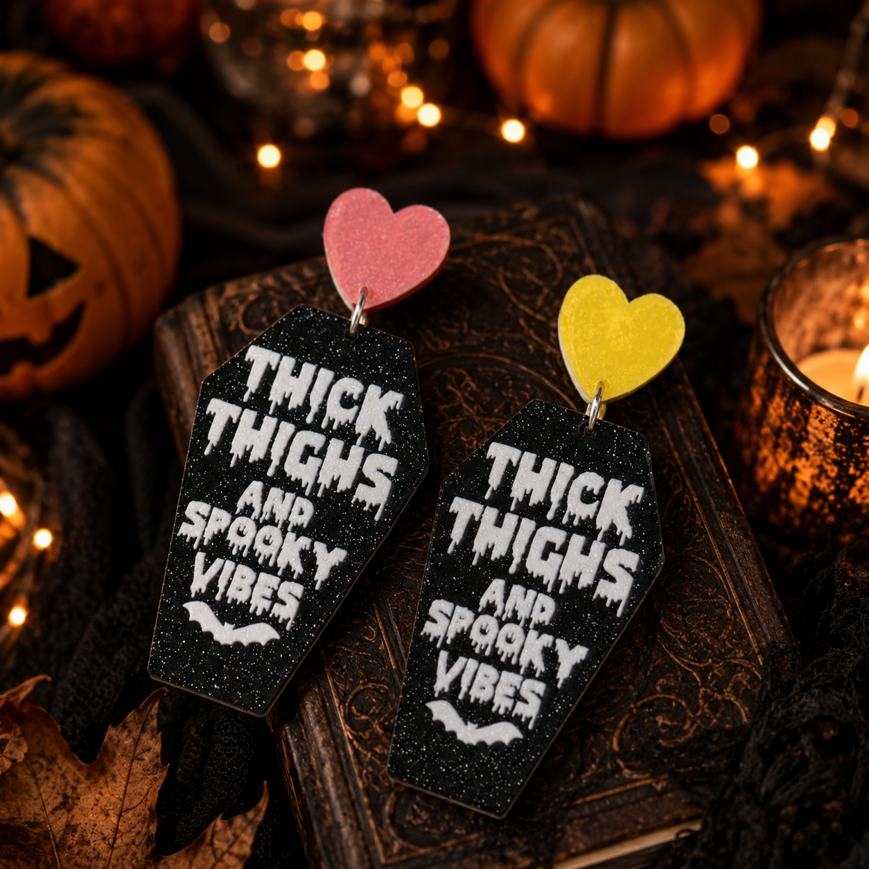 Thick Thighs & Spooky Vibes Coffin Earrings styled in a moody Halloween scene with pumpkins, warm lights, autumn leaves, and dark textures.