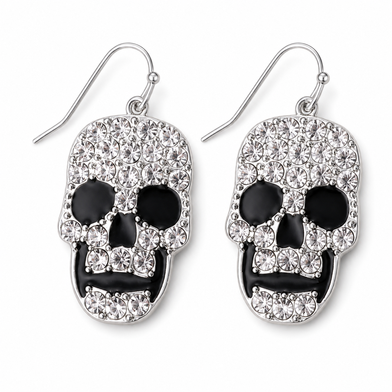 Midnight Skull Rhinestone Earrings with clear crystals, black facial details and silver-tone fishhook wires on white background