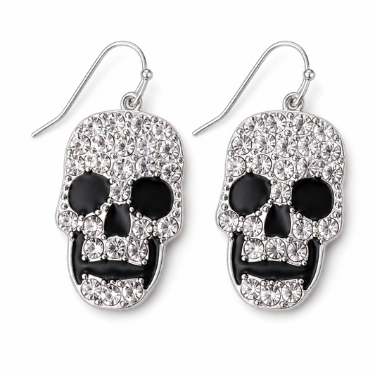 Midnight Skull Rhinestone Earrings with clear crystals, black facial details and silver-tone fishhook wires on white background