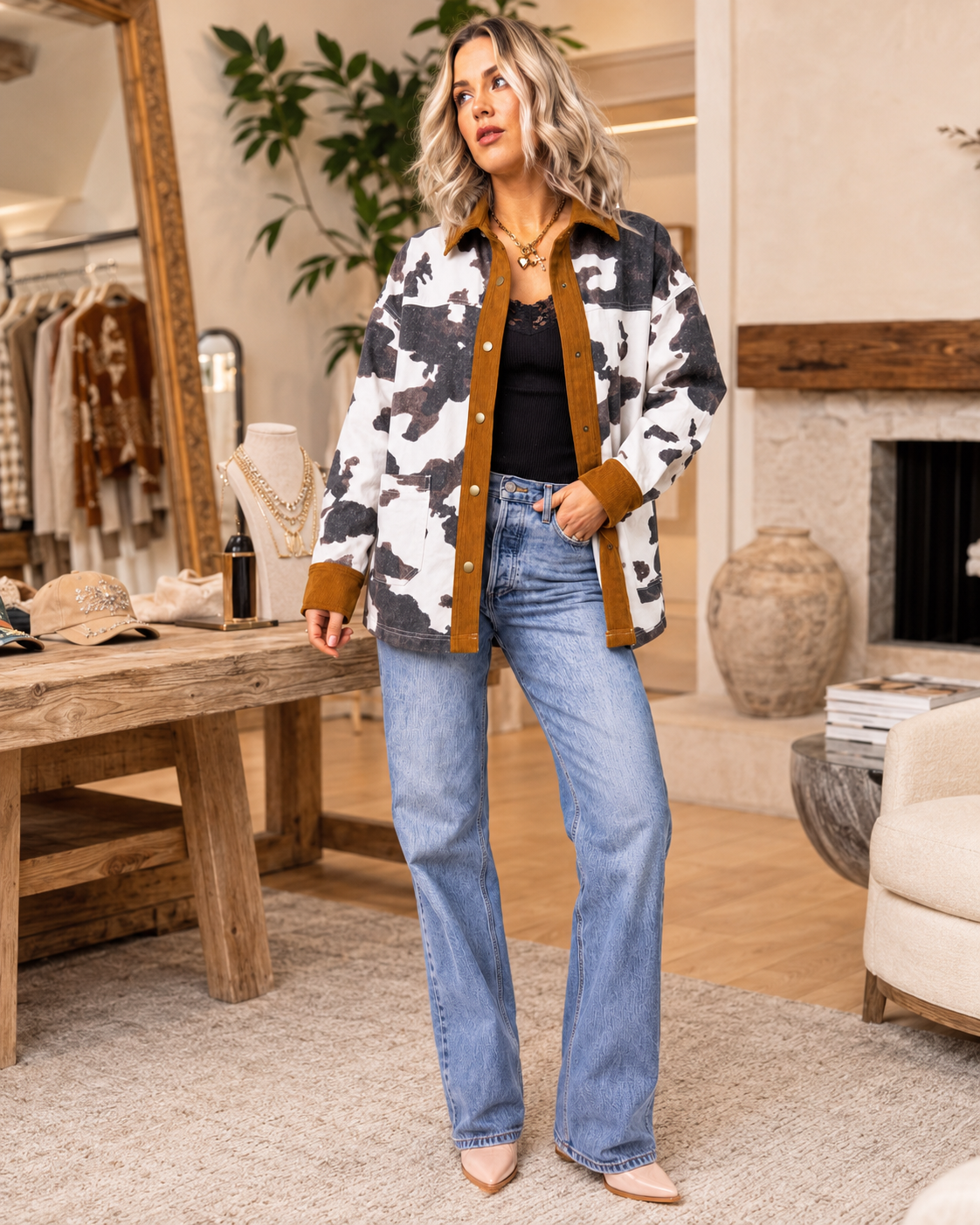 Emma styling the Western Cow Print Denim Jacket with a black tank and light wash jeans in a warm Bling Barn boutique setting.