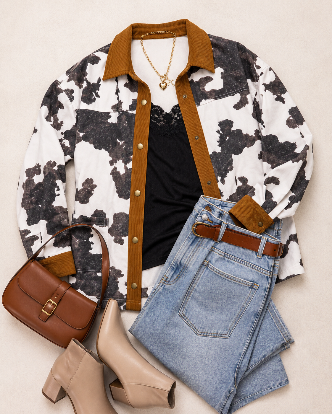 Flat lay of the Western Cow Print Denim Jacket styled with a black lace-trim camisole, light wash jeans, tan ankle boots, brown handbag and gold necklace.