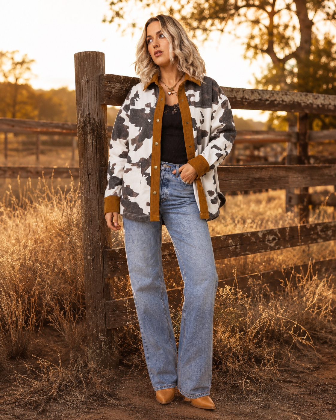 Emma wearing the Multicolour Western Cow Print Denim Jacket with a black top and light wash jeans outdoors at golden hour near a rustic ranch fence.