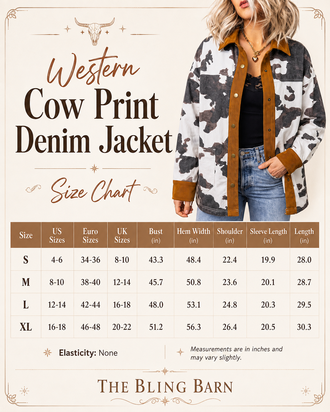 Western Cow Print Denim Jacket size chart showing measurements for sizes S through XL with no-stretch fit details
