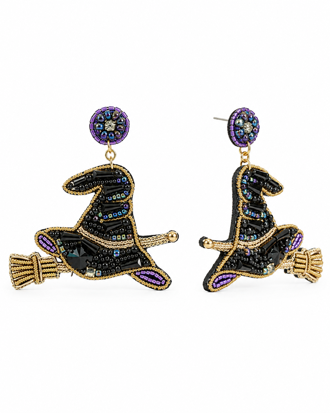 Front and side view of Midnight Coven witch hat earrings showing dimensional beadwork, broom detail and stud backing