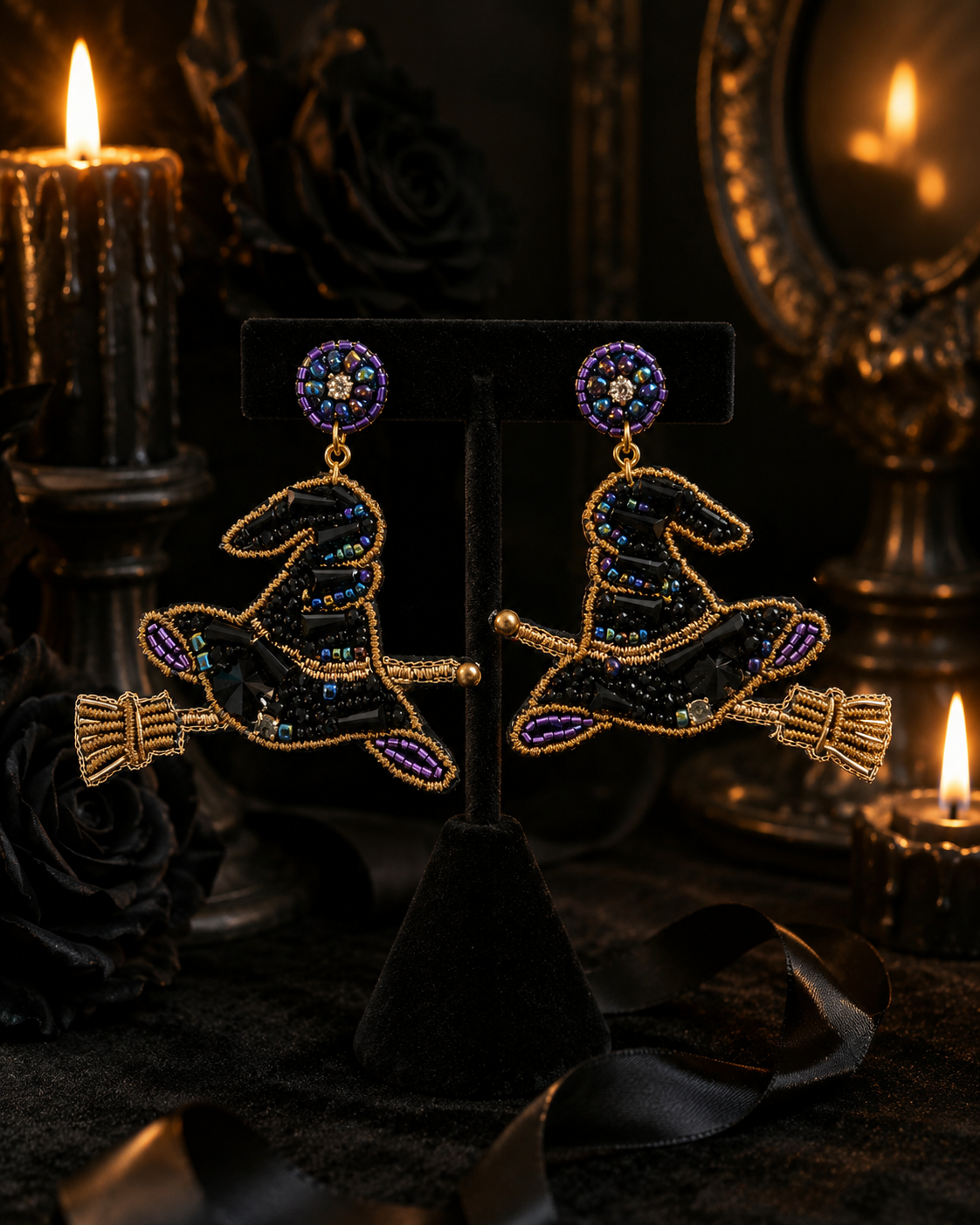 Midnight Coven witch hat earrings displayed in a moody candlelit Halloween scene with black roses and gothic décor
