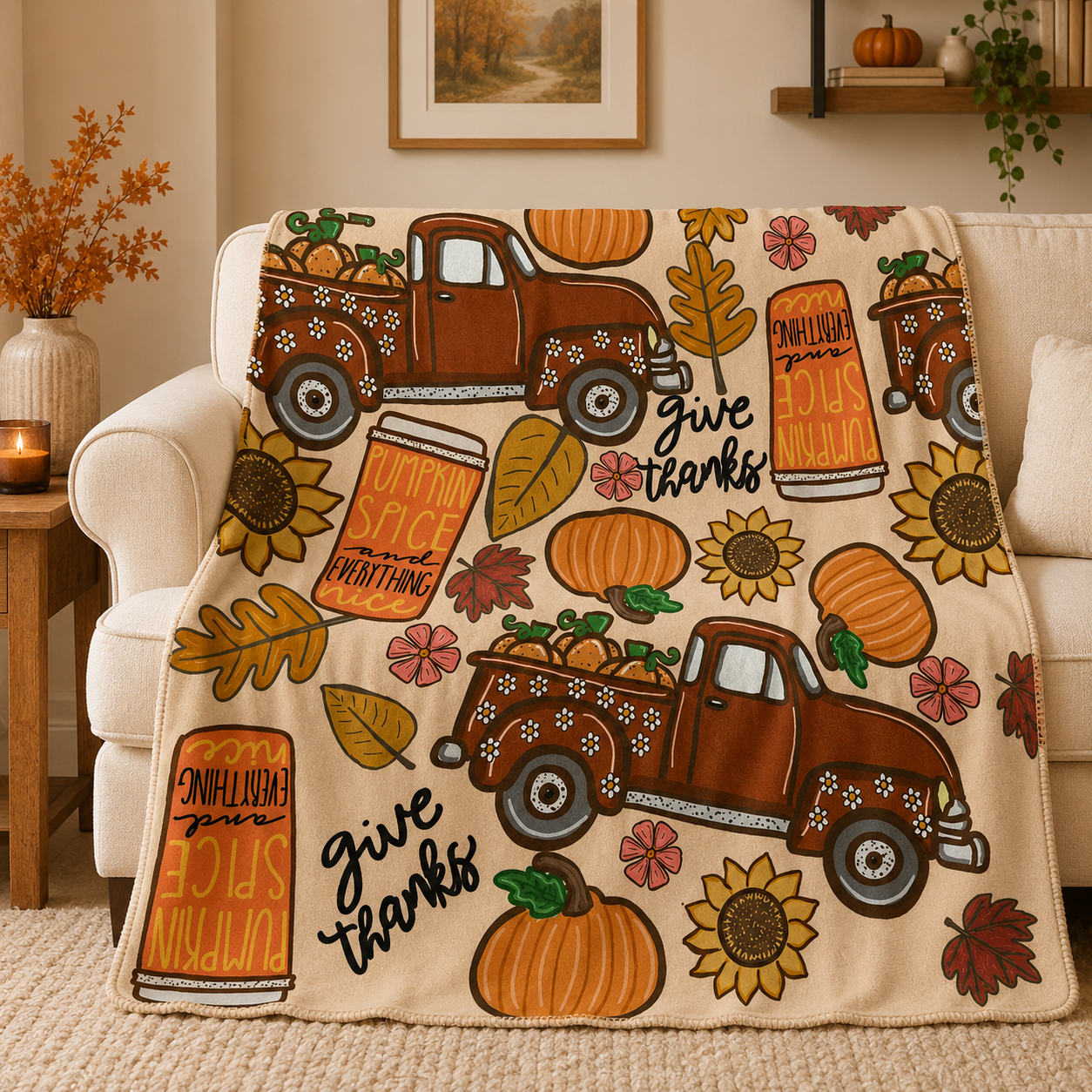 Harvest Roads & Pumpkin Spice blanket neatly folded on a neutral sofa for cozy fall home décor