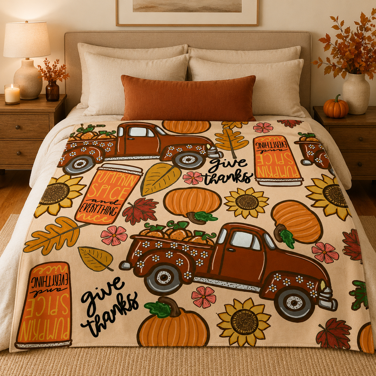 Fall truck and pumpkin blanket displayed on a rustic wooden ladder with warm seasonal home décor