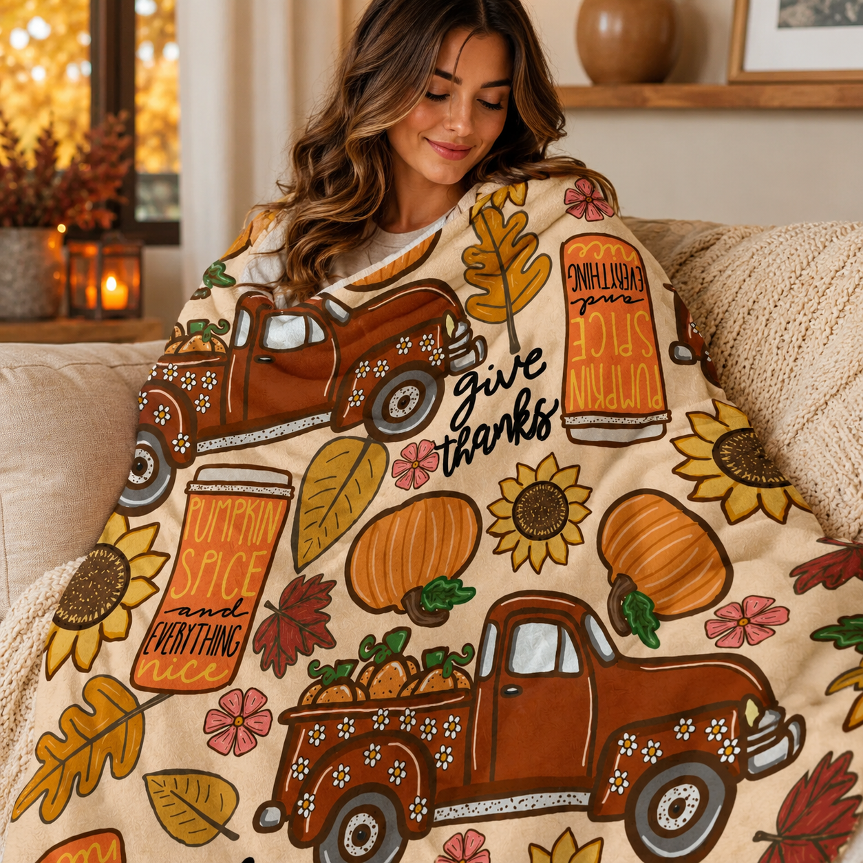 Woman wrapped in Harvest Roads & Pumpkin Spice throw blanket in a cozy autumn living room setting