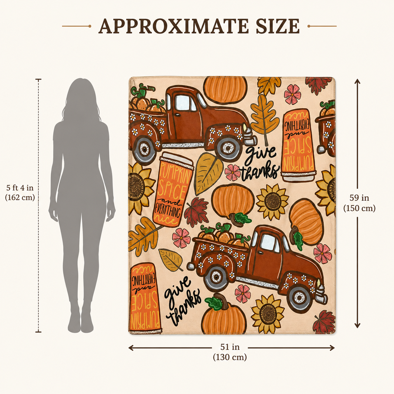 Harvest Roads & Pumpkin Spice blanket size guide showing approximate dimensions of 51 by 59 inches