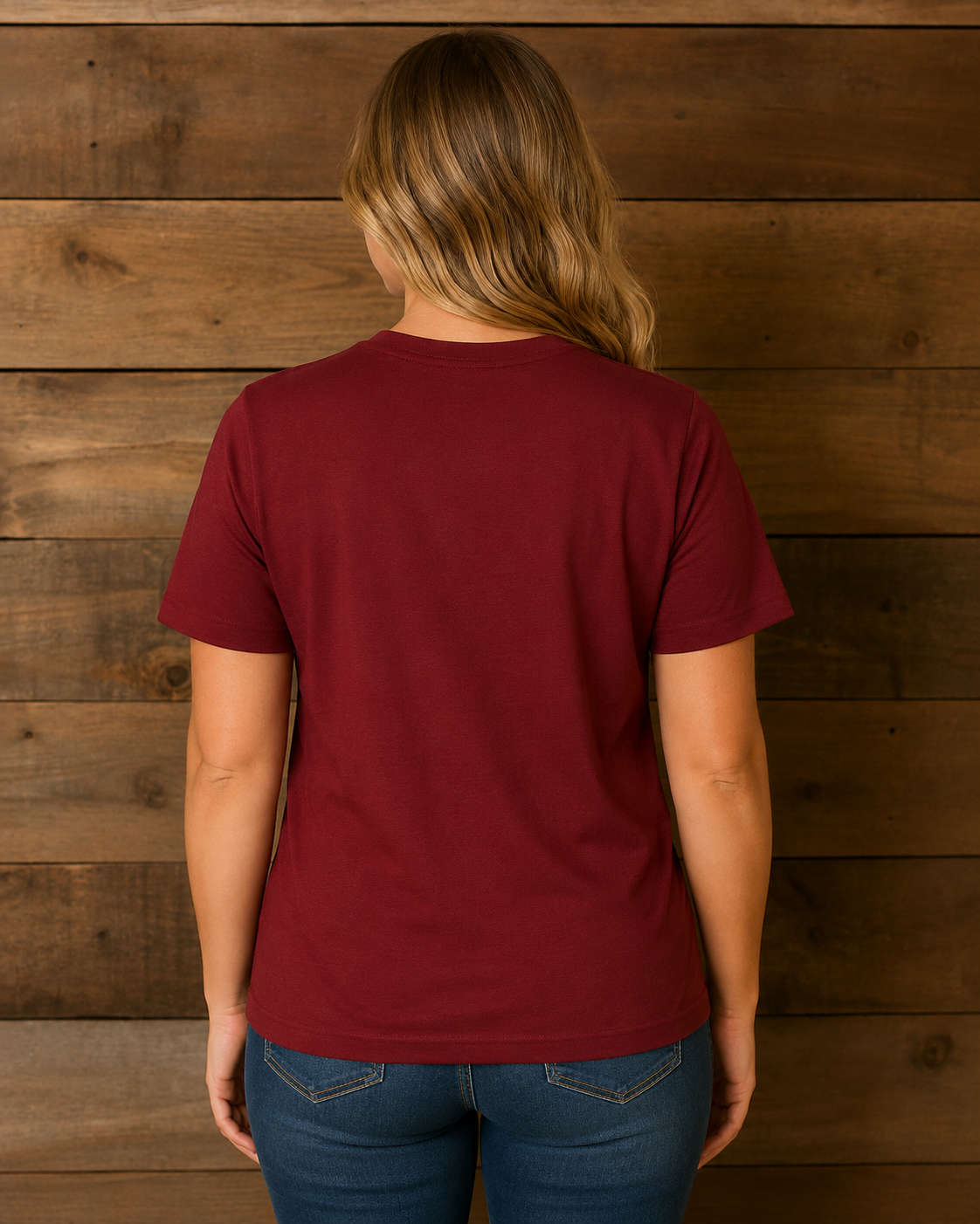 Back view of burgundy Harvest Roads short sleeve graphic tee on a model against a rustic wood wall