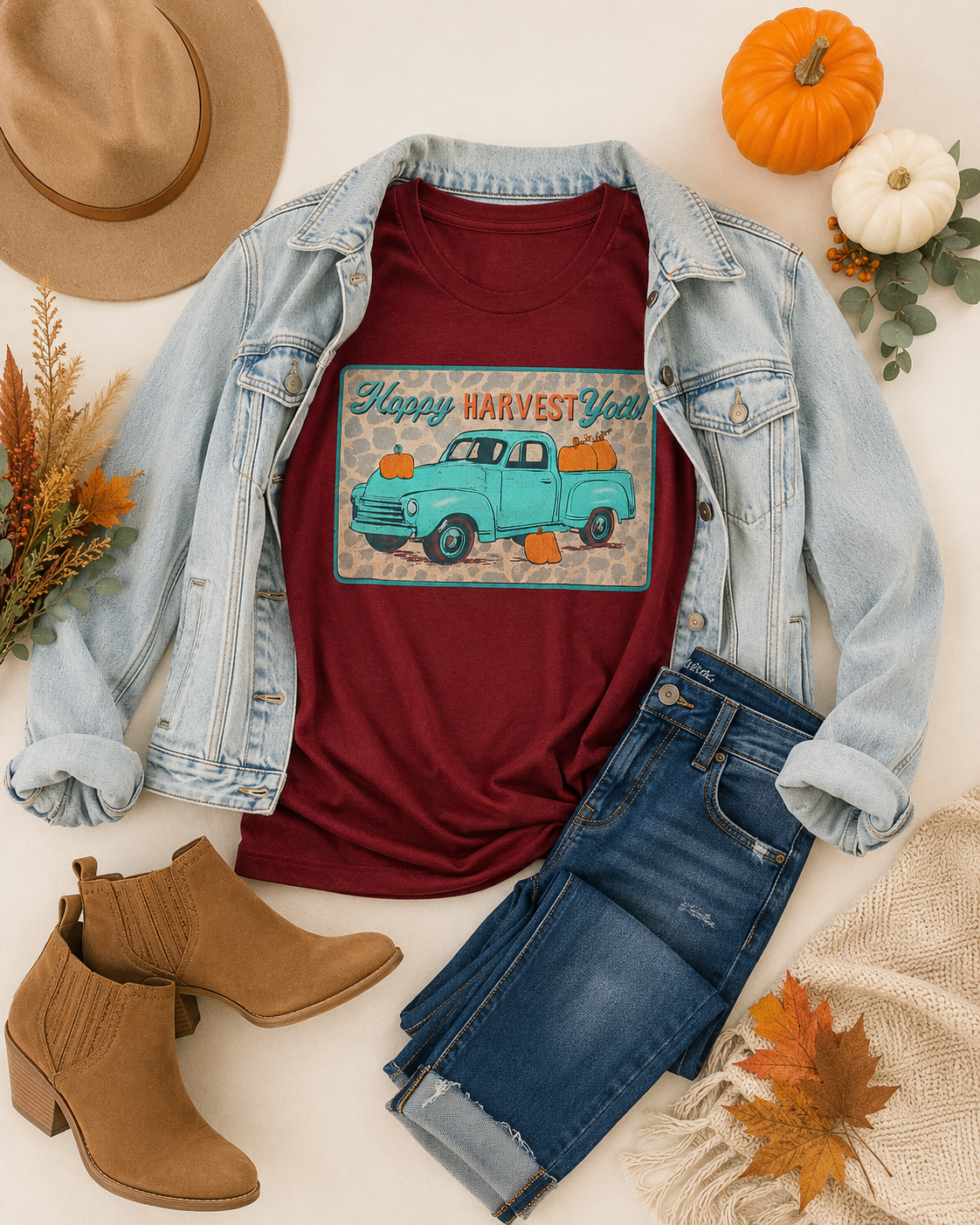 Harvest Roads graphic tee styled with a light wash denim jacket, jeans, ankle boots and fall accessories