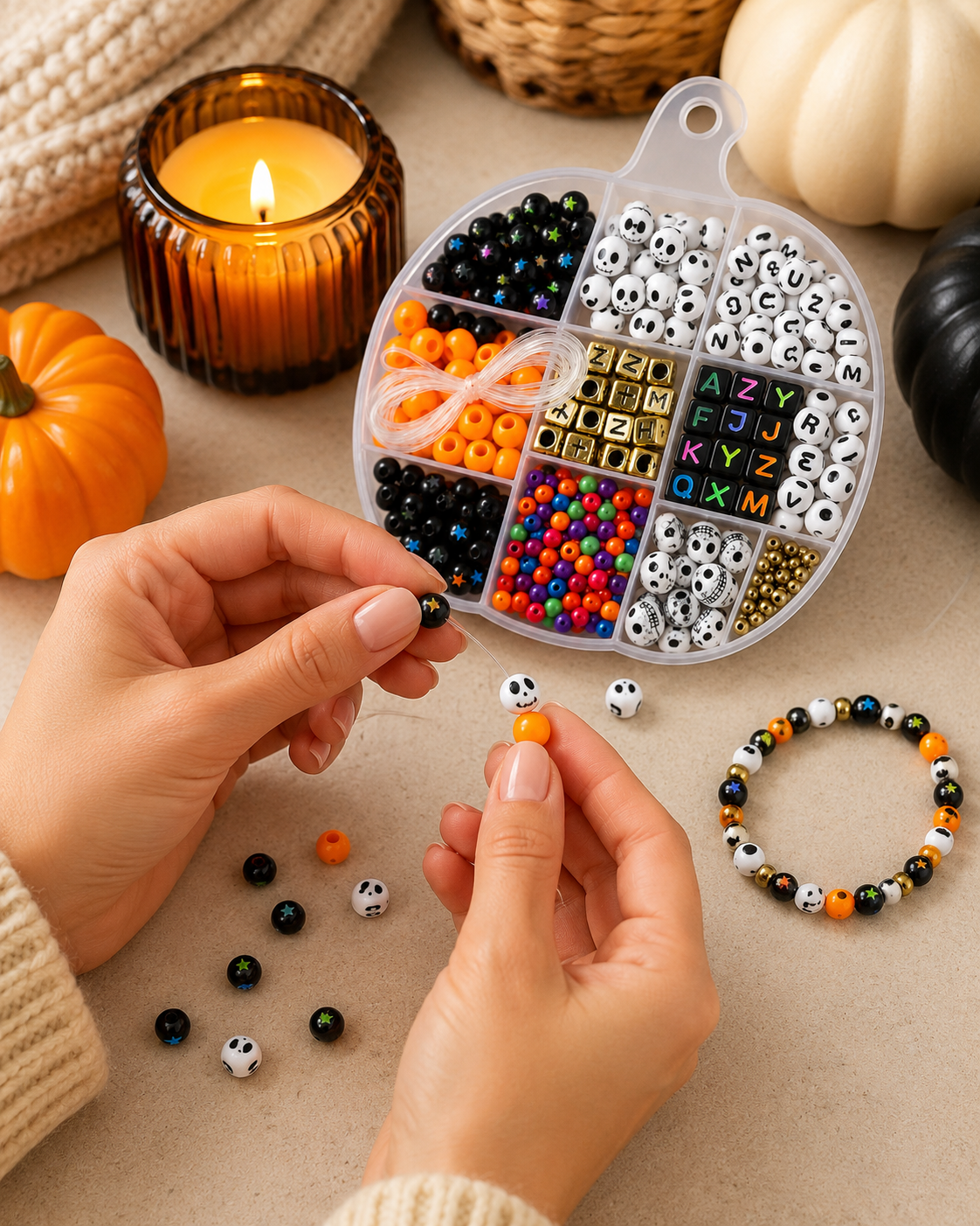 Spooky Strings DIY bracelet kit displayed with finished Halloween bracelets made from skull, letter and multicolor beads