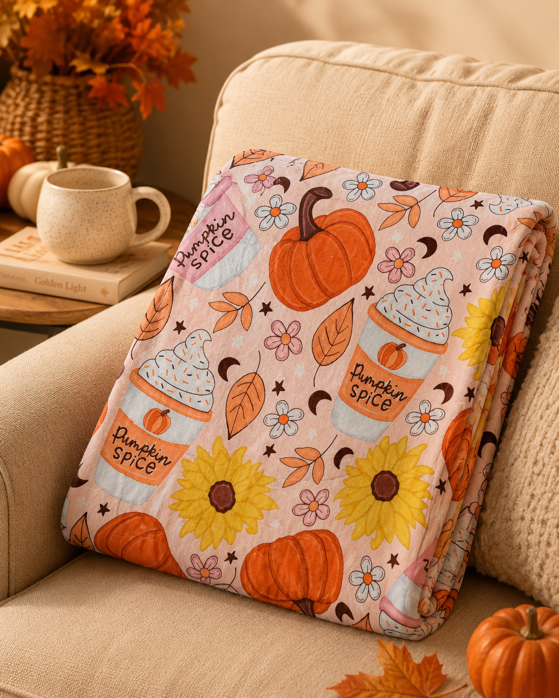 Pumpkin Spice Daydream blanket folded on a cozy chair beside a mug and autumn décor