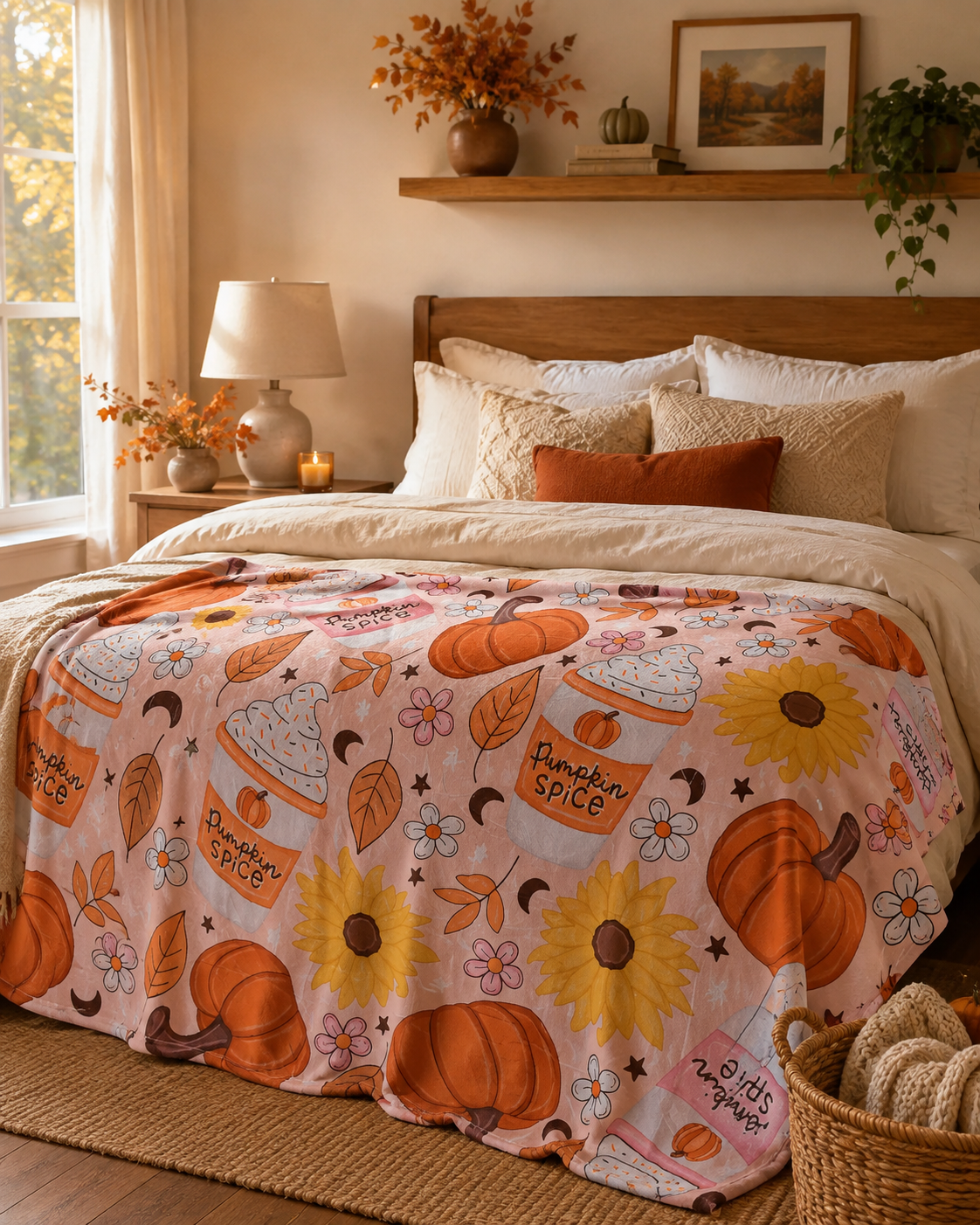 Pumpkin Spice Daydream throw blanket styled across a neutral bed in a warm fall bedroom