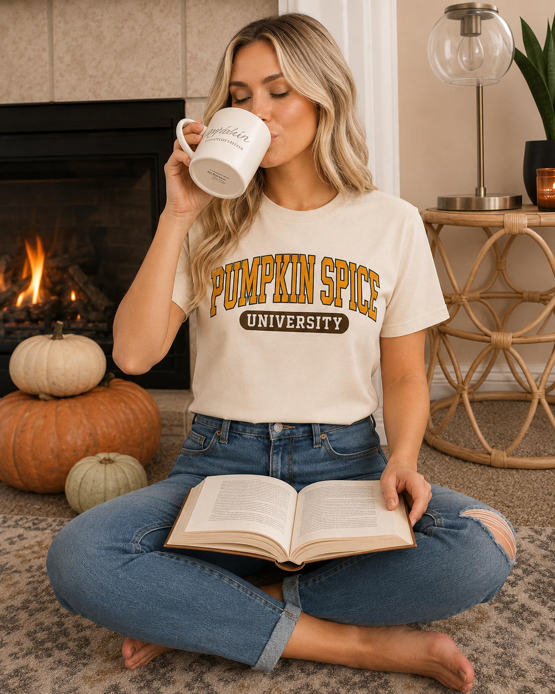 Emma wearing Pumpkin Spice University graphic tee while enjoying coffee and a book beside a cozy fall fireplace
