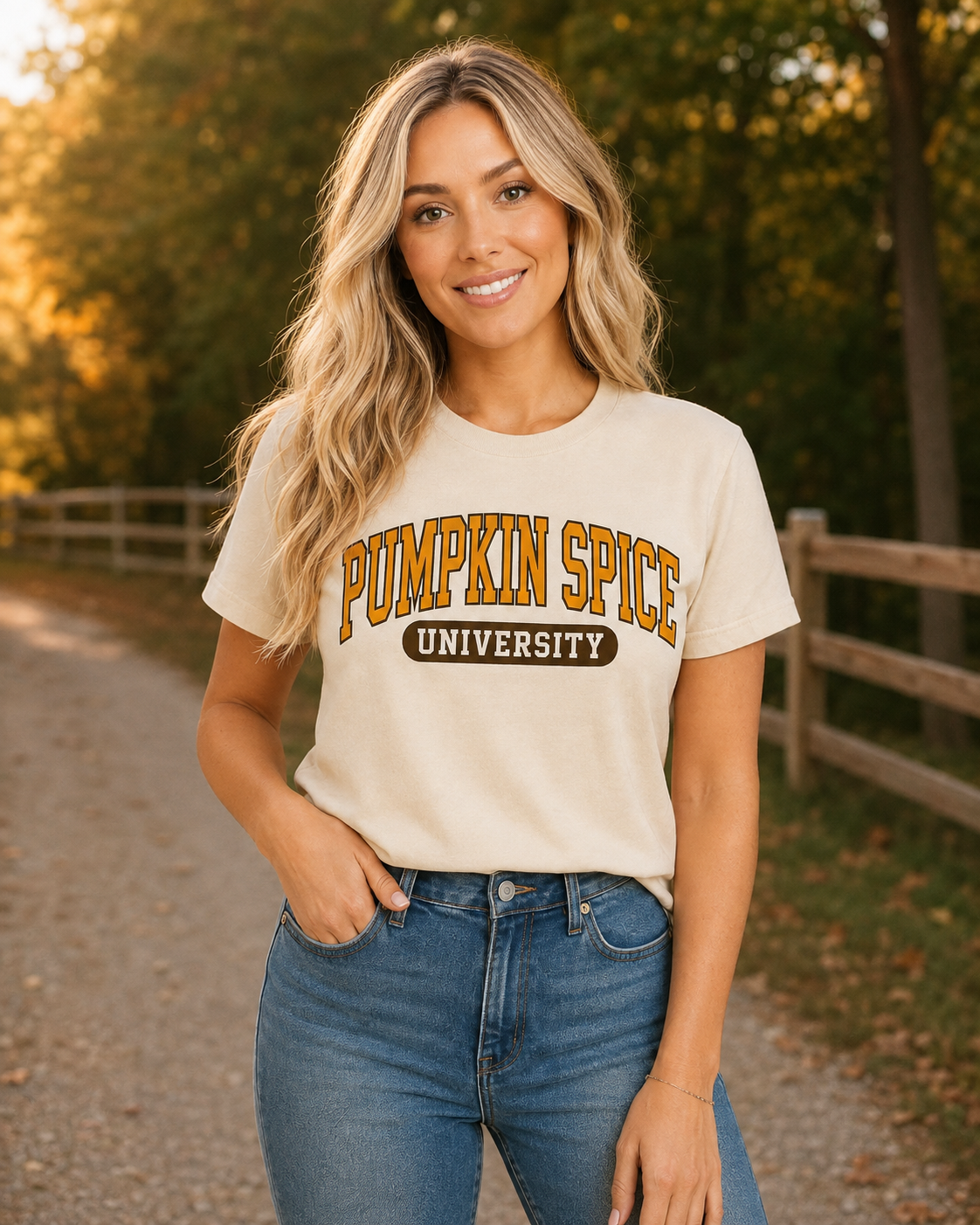 Emma wearing Pumpkin Spice University tee outdoors at golden hour with jeans in a relaxed autumn setting