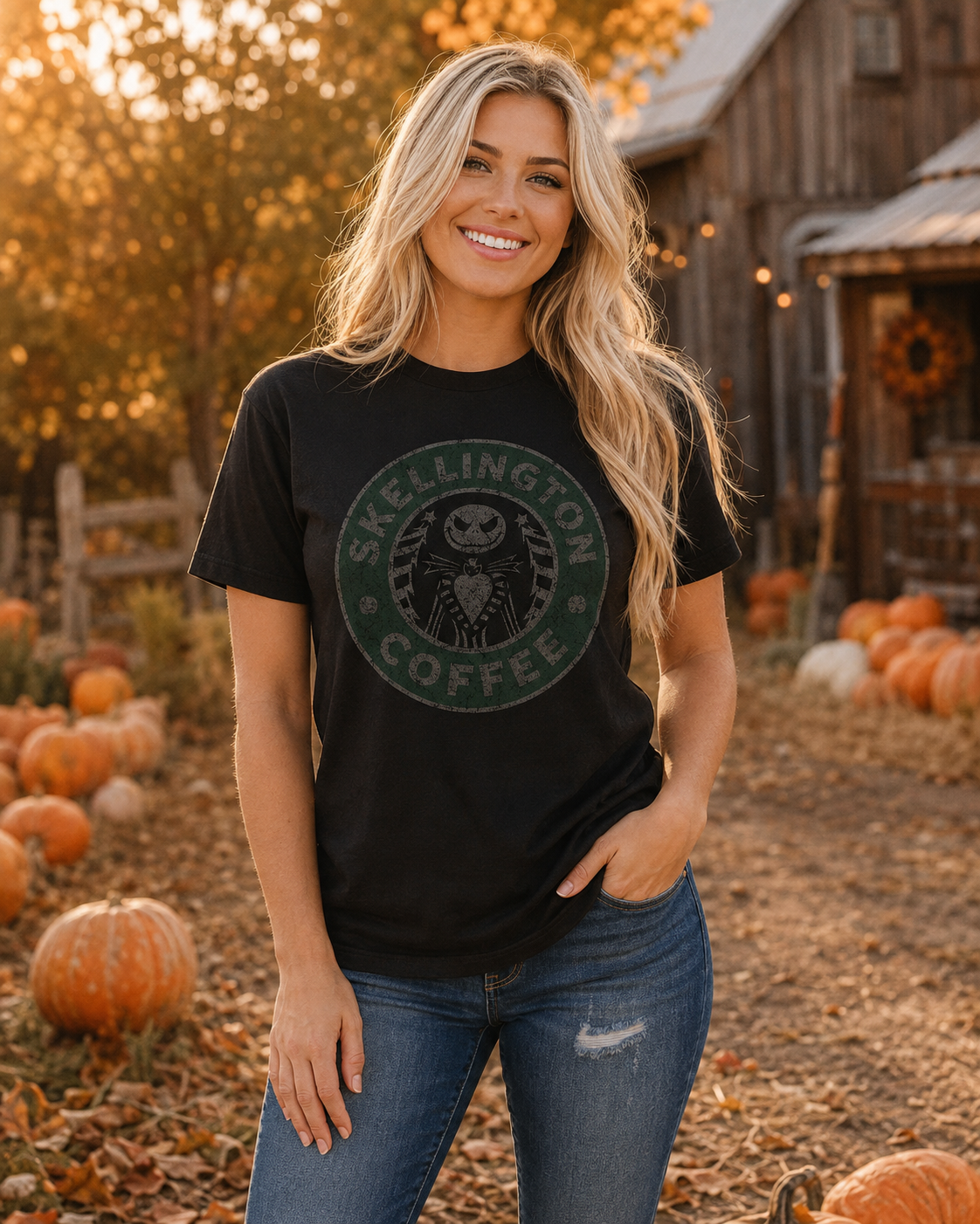 Emma wearing Skellington Coffee black graphic tee with jeans at a pumpkin patch during golden hour