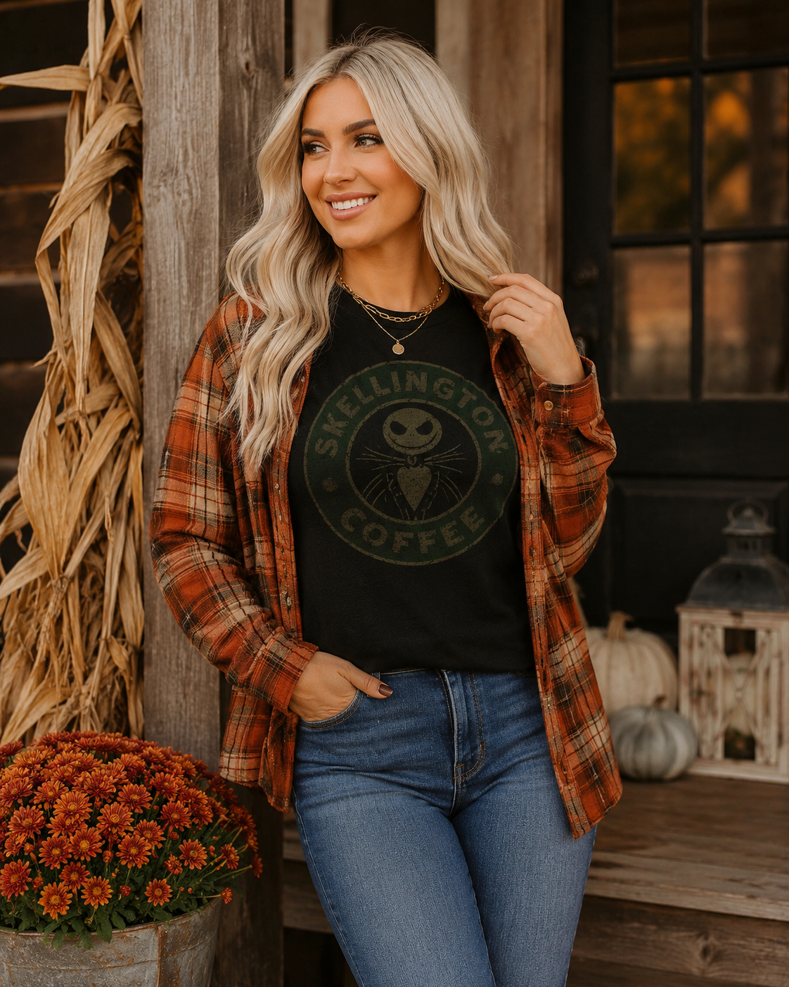 Emma wearing Skellington Coffee tee layered under an orange plaid flannel on a rustic autumn porch