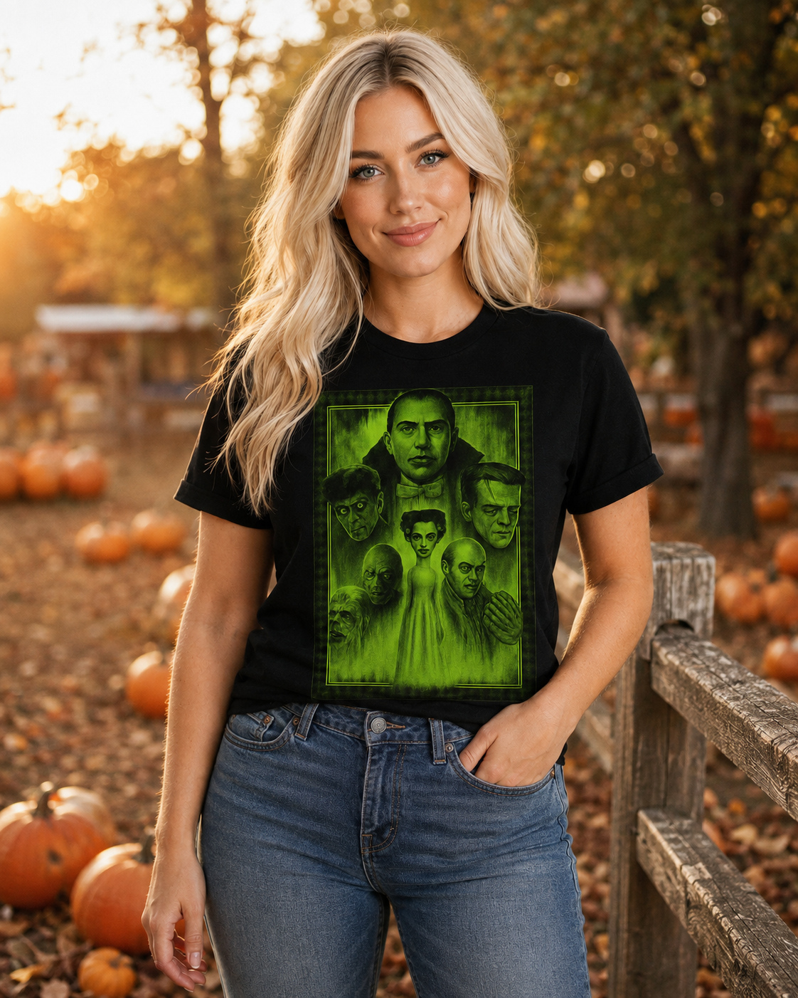 Emma wearing Midnight Monsters black graphic tee at a pumpkin patch during golden hour