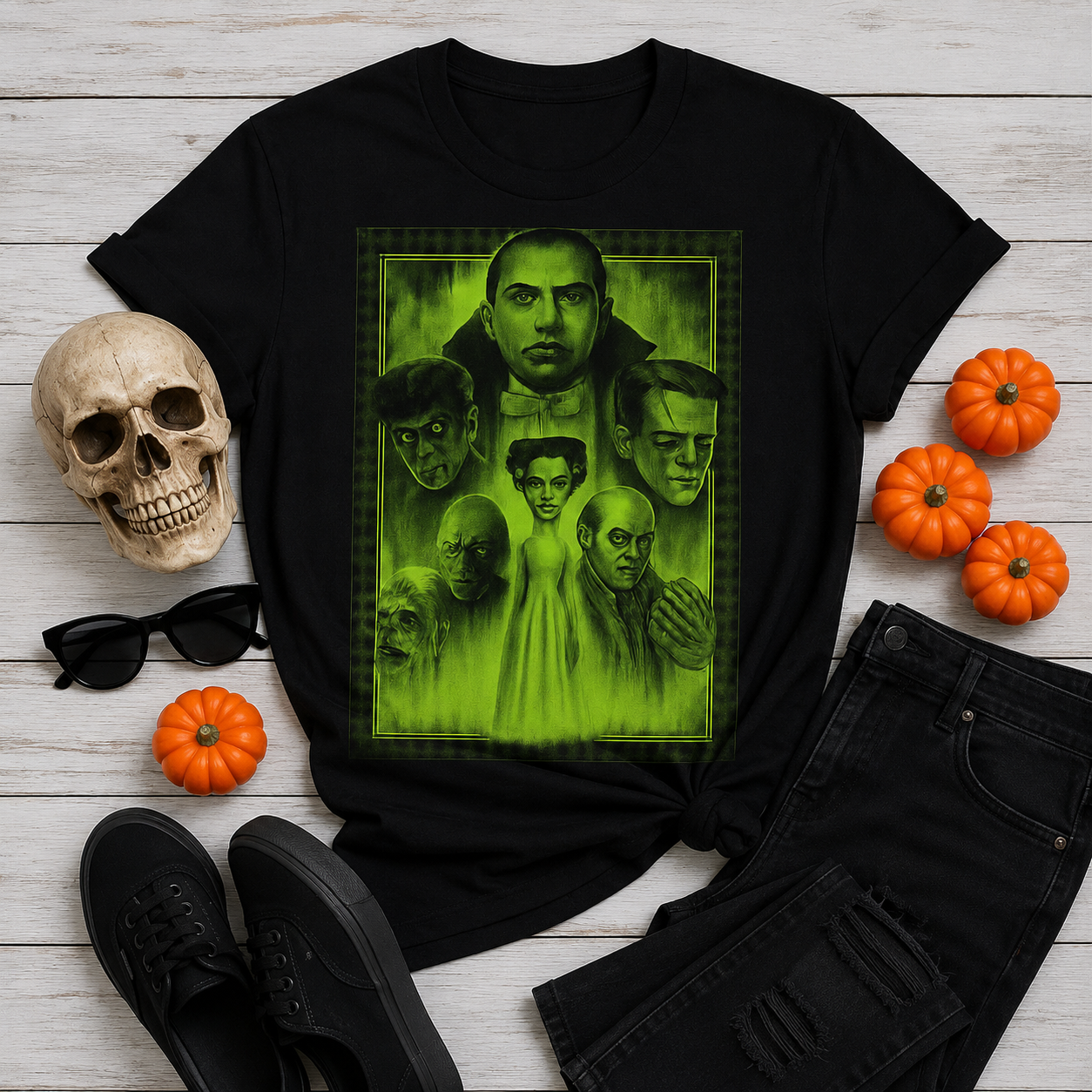 Midnight Monsters Glow tee styled in a Halloween flat lay with black jeans, sneakers, pumpkins and skull décor
