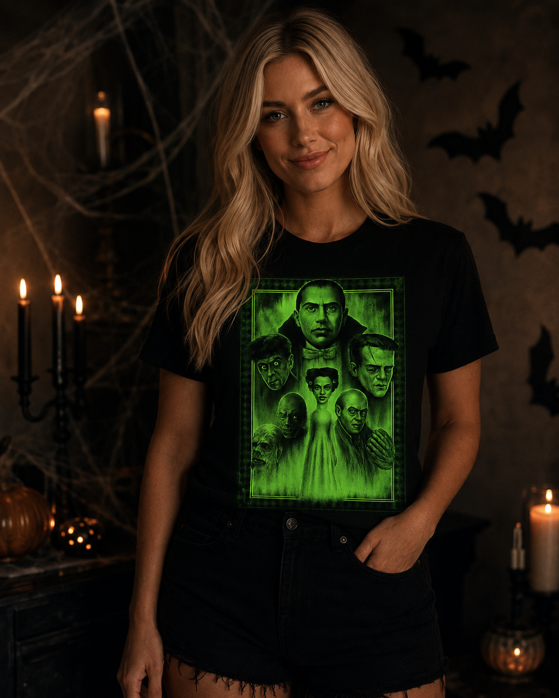 Emma wearing Midnight Monsters Glow tee in a dark candlelit Halloween room showing the glowing green graphic effect