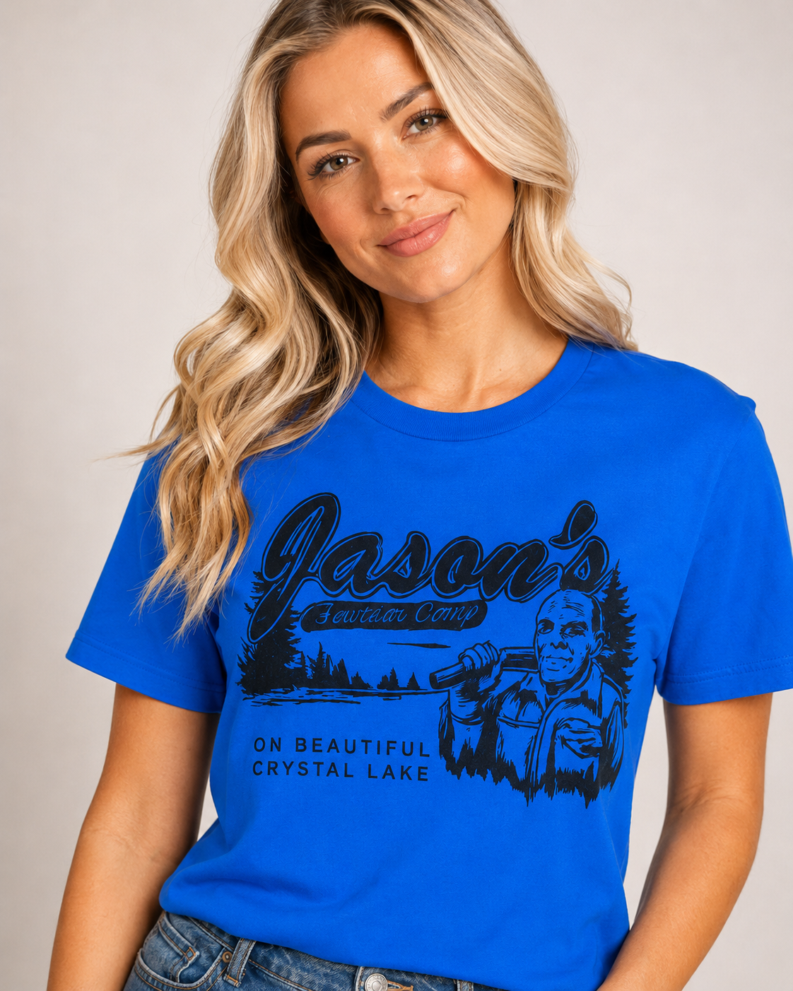 Close-up of Crystal Lake Camp tee showing black Jason’s Summer Camp artwork and On Beautiful Crystal Lake lettering