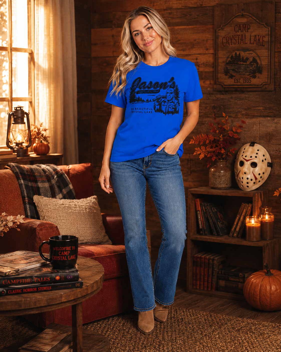 Emma wearing Crystal Lake Camp graphic tee with jeans in a rustic cabin-inspired fall setting