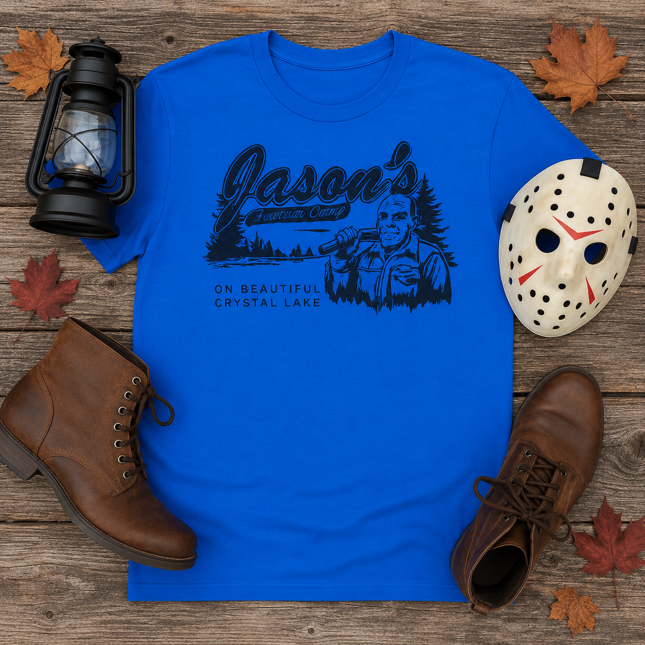 Crystal Lake Camp horror graphic tee flat lay with brown boots, lantern, hockey mask and autumn leaves