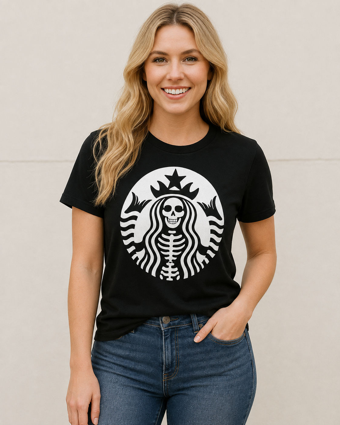 Close-up of Afterlife Coffee Club graphic showing white skeleton siren, crown and star details on black tee
