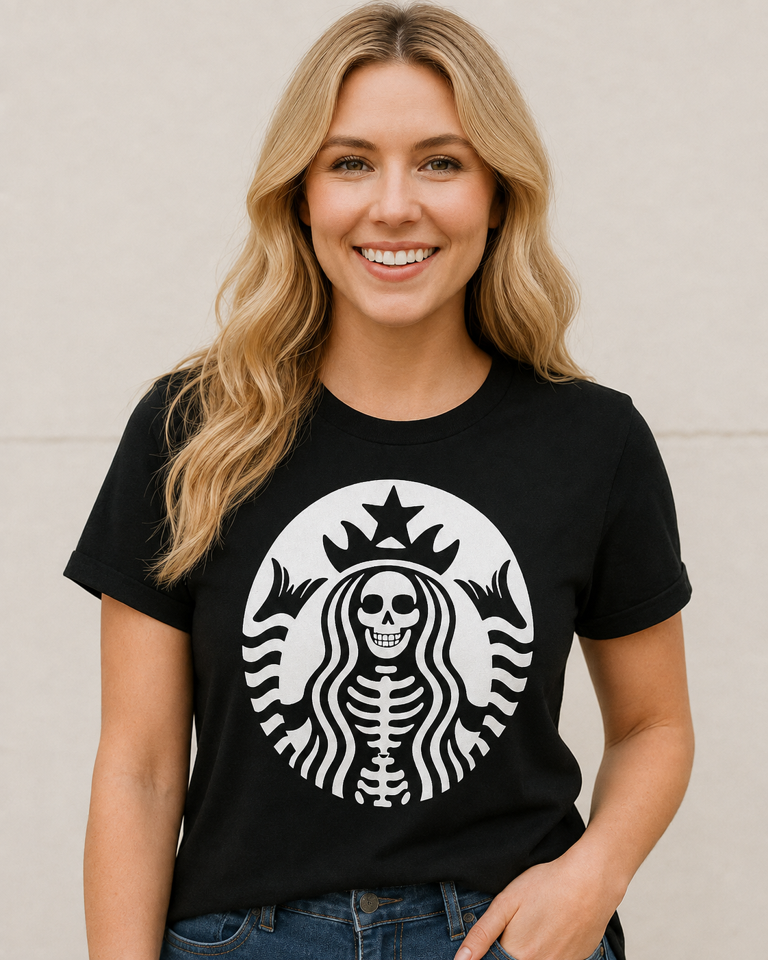 Afterlife Coffee Club black graphic tee with white skeleton siren design on bleach blonde model Emma