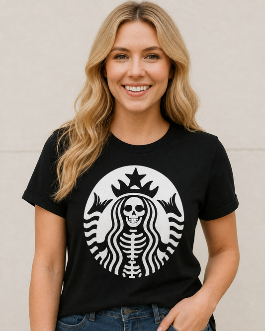 Afterlife Coffee Club black graphic tee with white skeleton siren design on bleach blonde model Emma