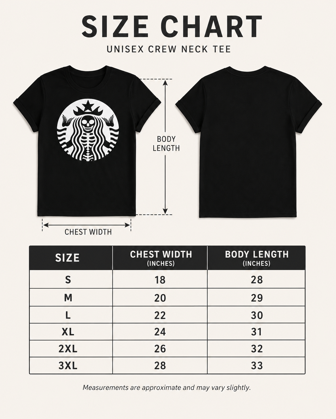 Afterlife Coffee Club unisex tee size chart showing chest width and body length measurements from S through 3XL