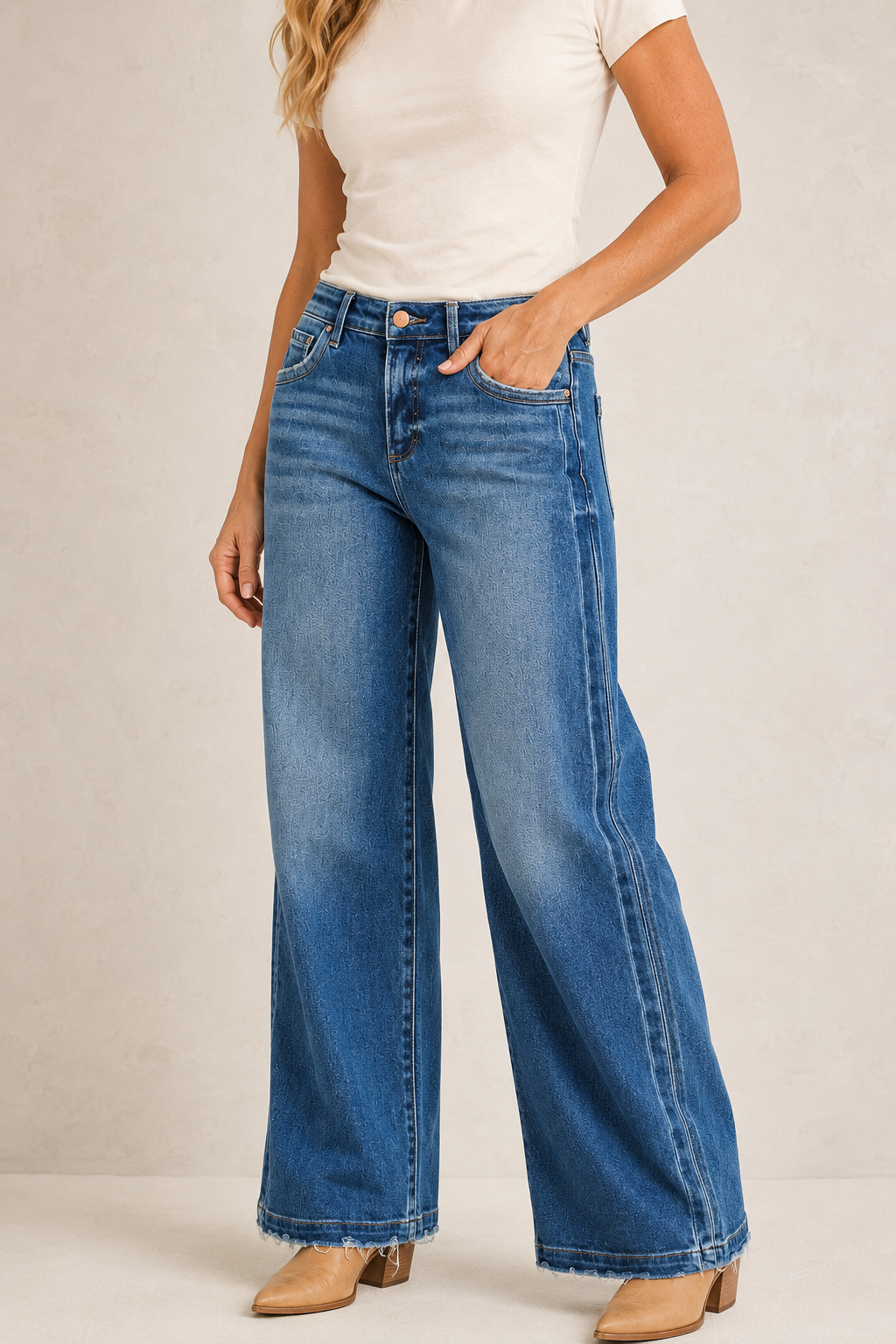 Close-up of RISEN slouchy jeans with pocket side-seam detailing