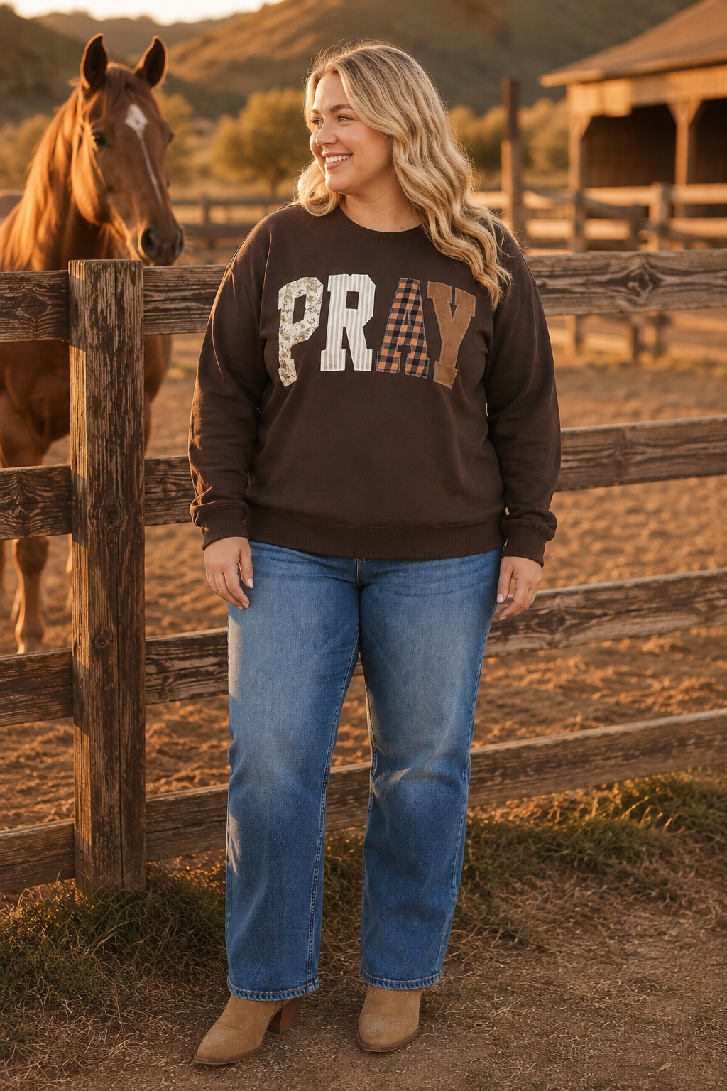 Plus-size woman wearing a coffee-brown PRAY patchwork sweatshirt with jeans and Western boots at a horse ranch during sunset.