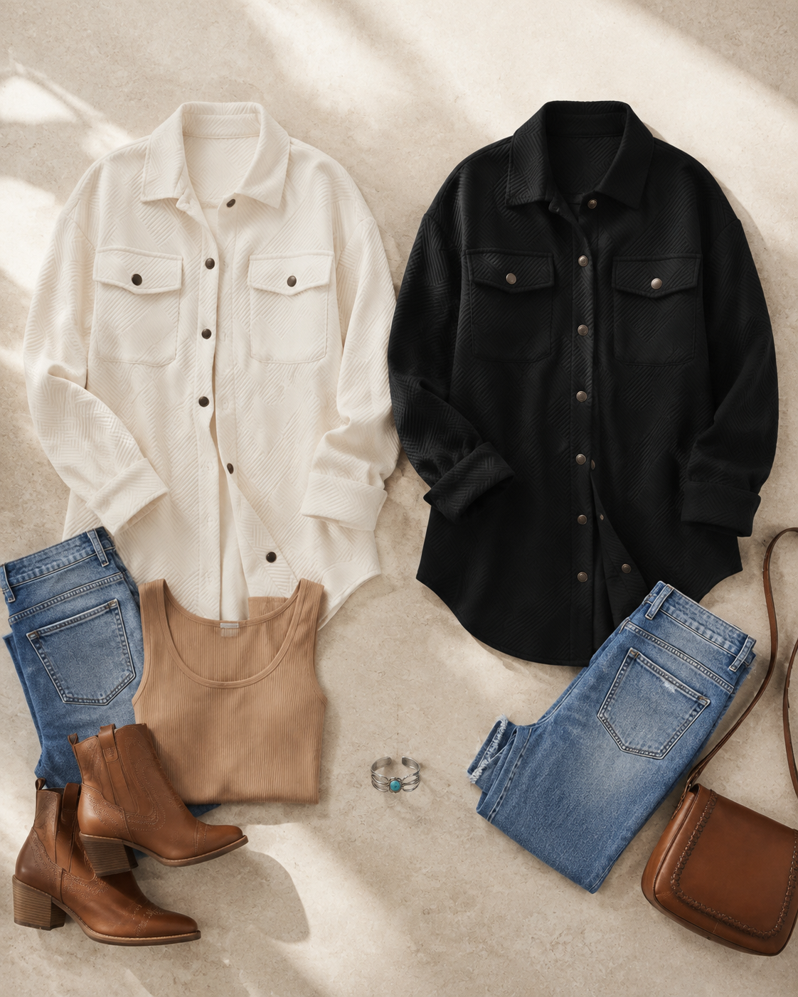 Ivory and Black Canyon Ridge button shackets styled in a Western outfit flat lay