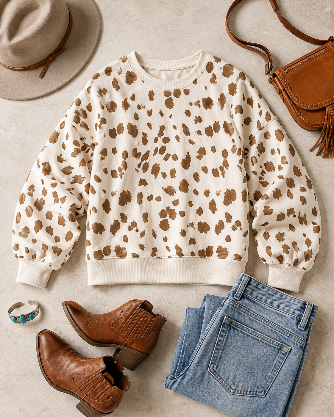 Prairie Fawn sweatshirt arranged with jeans, Western boots and ranch-inspired accessories