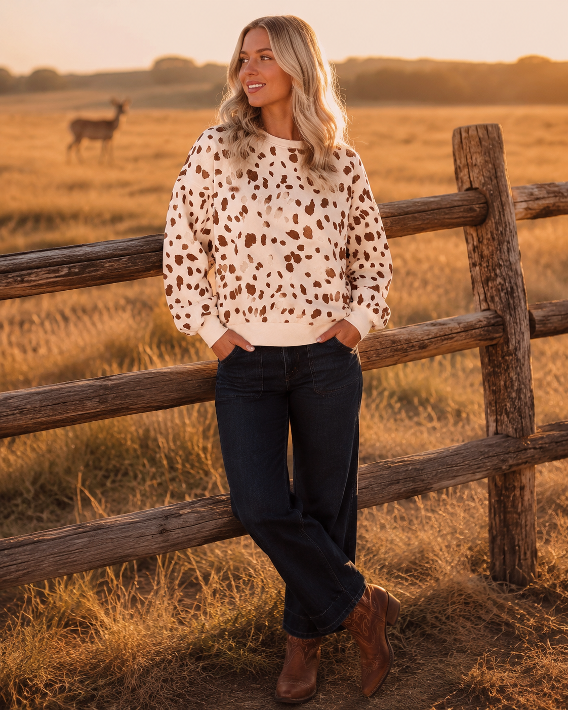 Blonde woman wearing the Prairie Fawn sweatshirt beside a split-rail fence at sunset