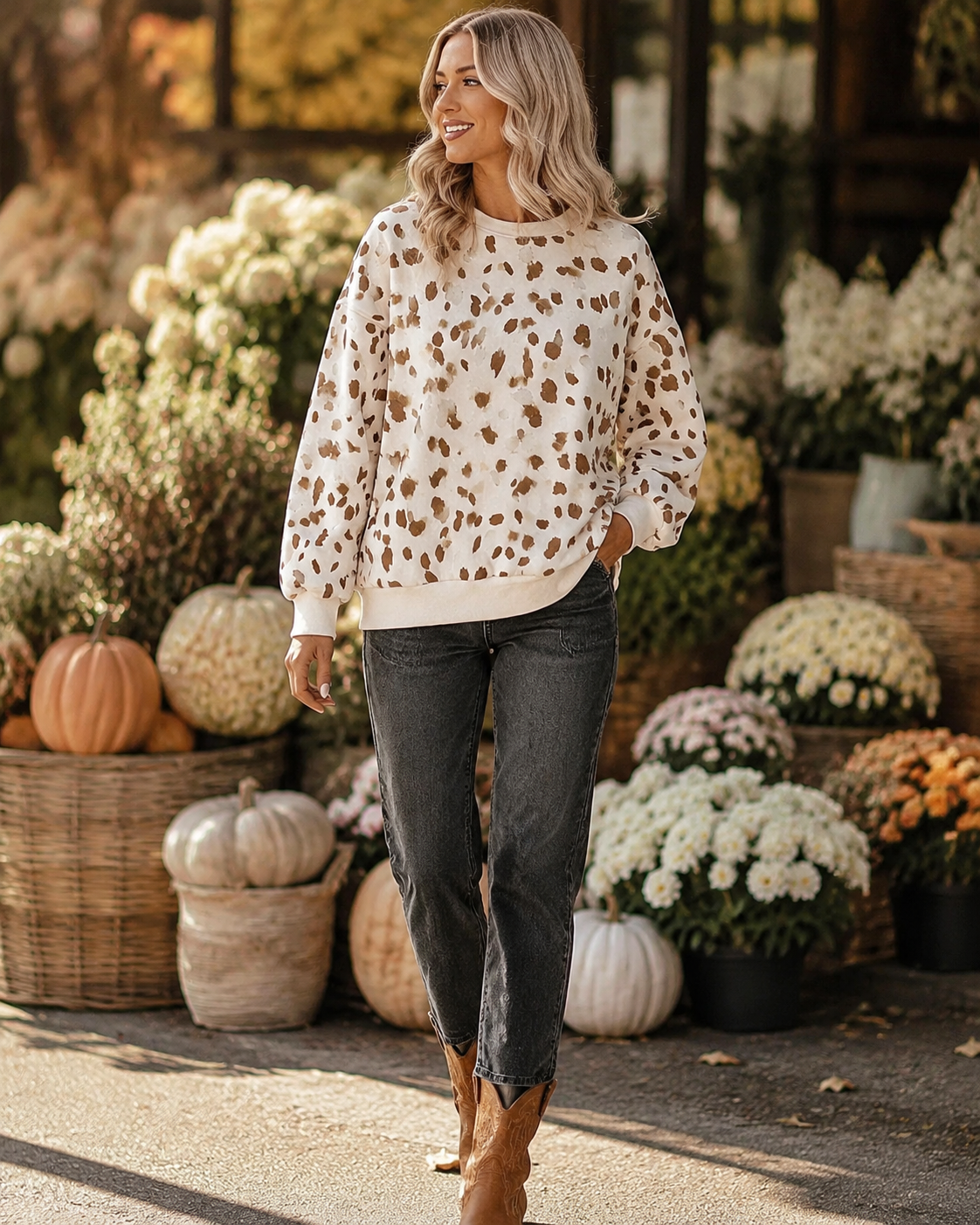 Prairie Fawn spotted sweatshirt styled with black jeans and Western boots at an autumn market