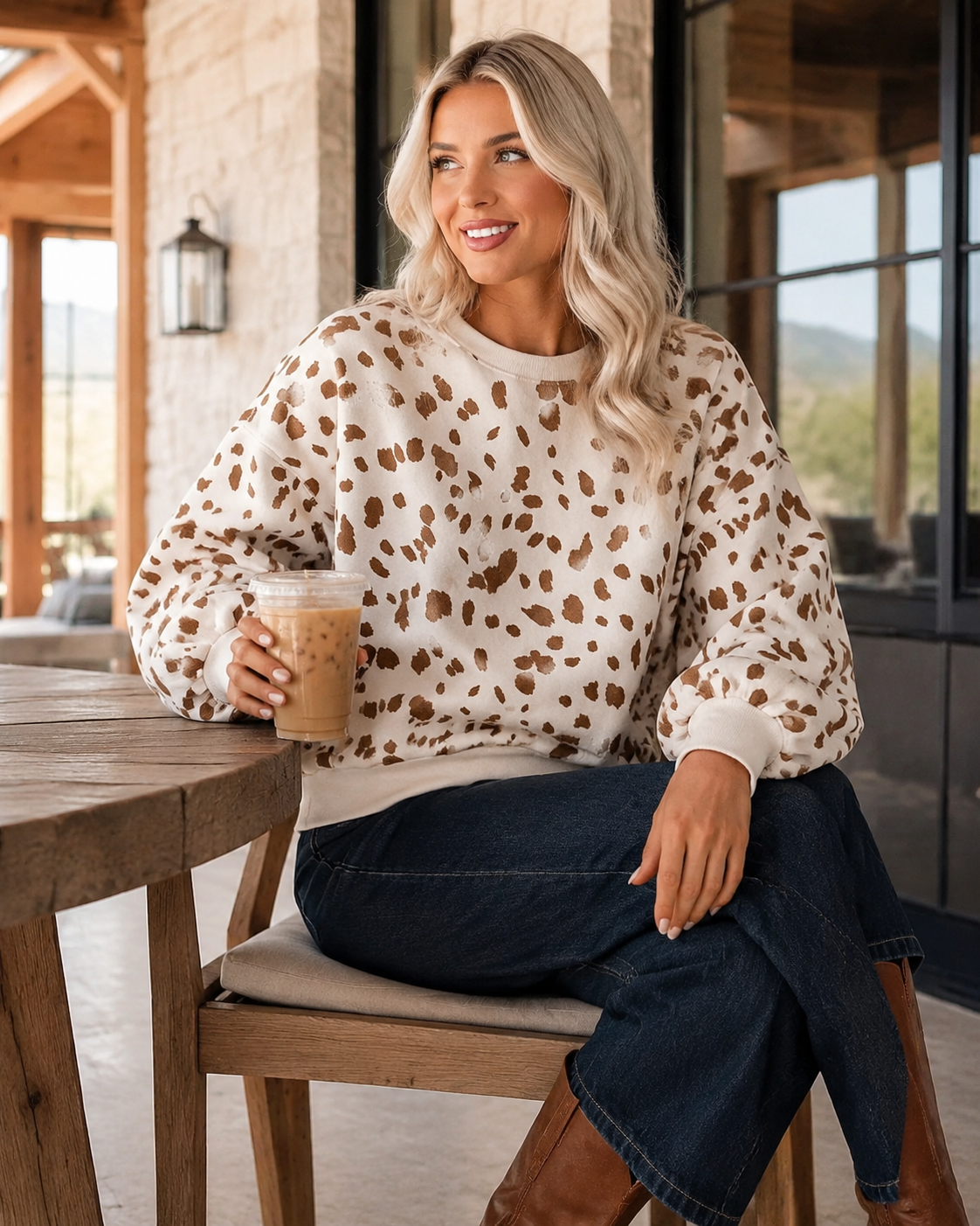 Blonde woman styling the Prairie Fawn sweatshirt with dark jeans on a ranch lodge porch