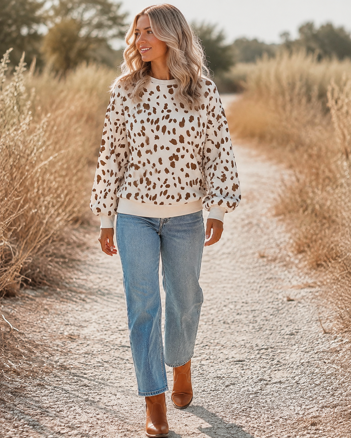 Blonde woman wearing the Prairie Fawn sweatshirt while walking through golden prairie grass