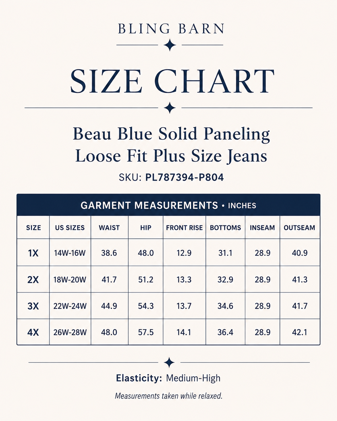 Beau Blue Seamed Wide-Leg Plus Size Jeans size chart with measurements for sizes 1X through 4X and medium-high elasticity.