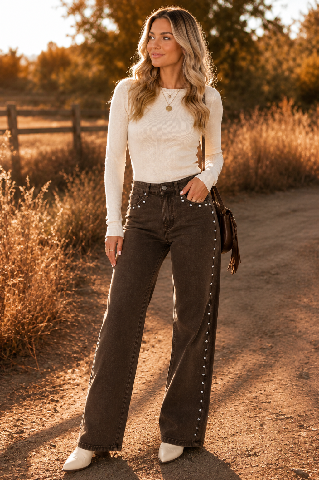 Emma wearing the coffee brown Saddle Stud Straight-Leg Jeans with an ivory top and boots outdoors at golden hour.