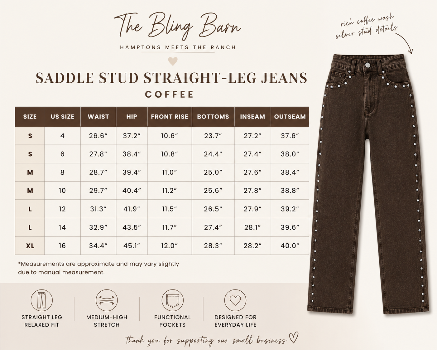Saddle Stud Straight-Leg Jeans size chart showing measurements for US sizes 4 through 16 with coffee brown studded denim.