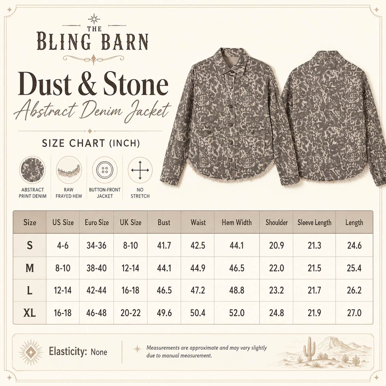 Dust & Stone Abstract Denim Jacket size chart showing measurements for sizes S through XL with no-stretch fit details.