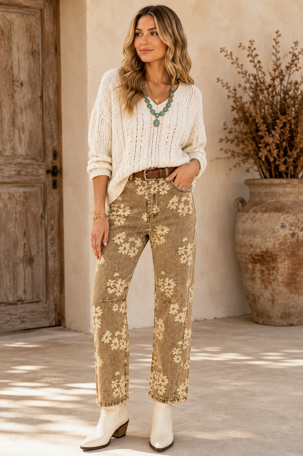 Emma styling the Prairie Bloom floral jeans with an ivory sweater, brown belt, turquoise jewelry and cream boots in a warm rustic setting.